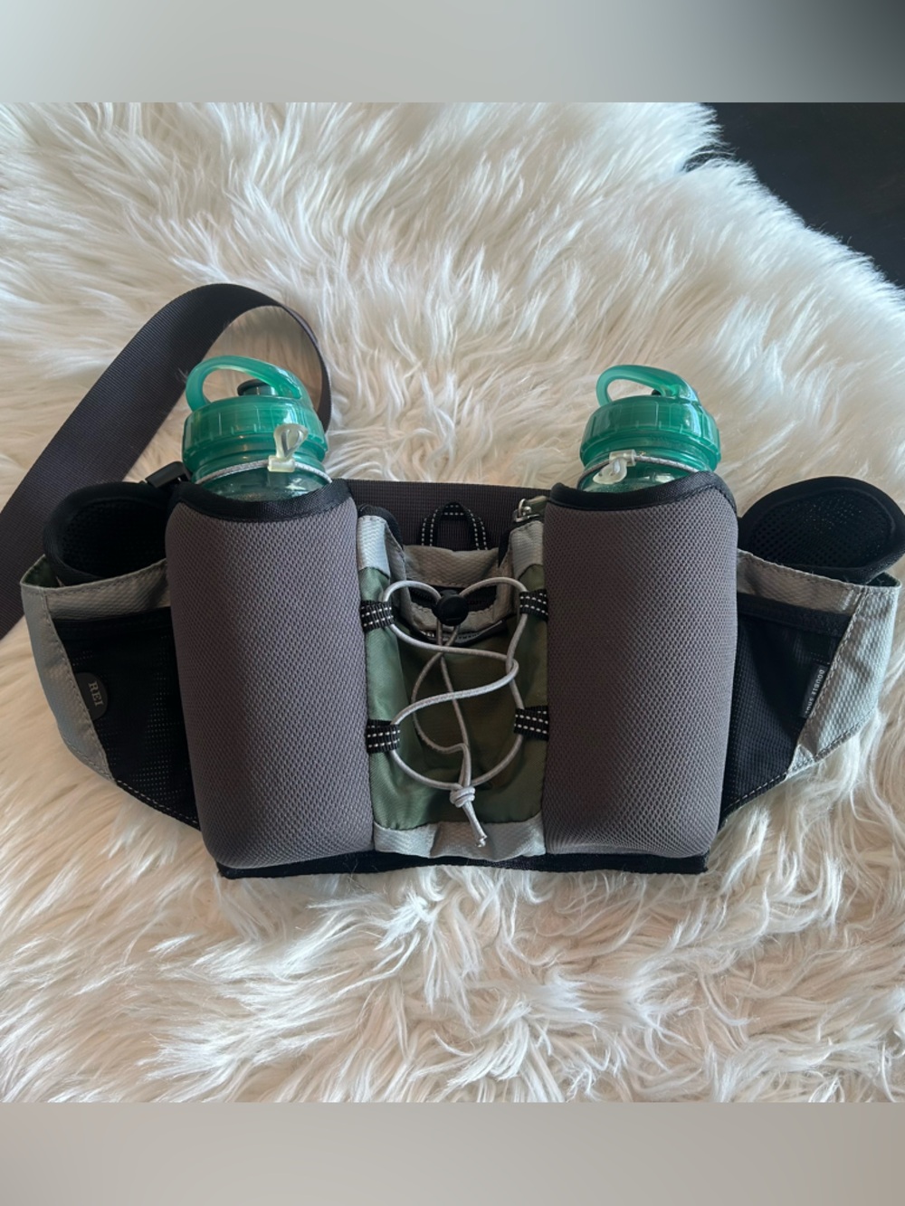 REI “Double Shot” Gray and Olive Green Dual Bottle Hip Pack